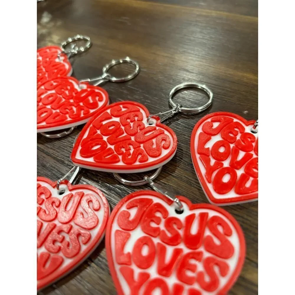 Jesus Loves You Heart Keychain | Red White Retro Christian Faith Gift (10 Pack)
